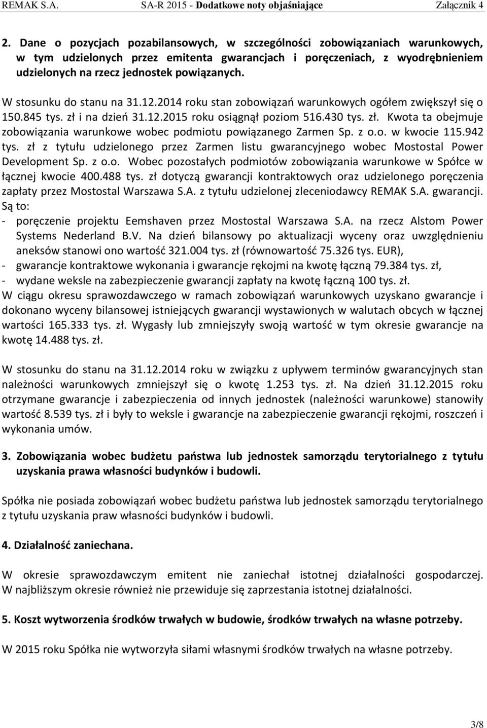 z o.o. w kwocie 115.942 tys. zł z tytułu udzielonego przez Zarmen listu gwarancyjnego wobec Mostostal Power Development Sp. z o.o. Wobec pozostałych podmiotów zobowiązania warunkowe w Spółce w łącznej kwocie 400.