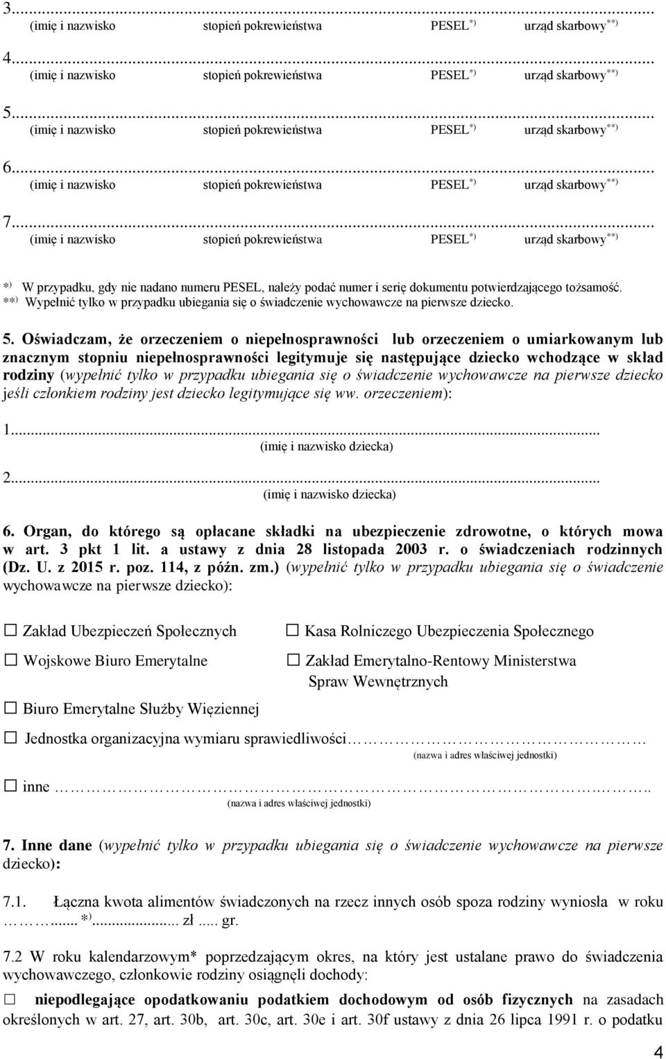 Oświadczam, że orzeczeniem o niepełnosprawności lub orzeczeniem o umiarkowanym lub znacznym stopniu niepełnosprawności legitymuje się następujące dziecko wchodzące w skład rodziny (wypełnić tylko w