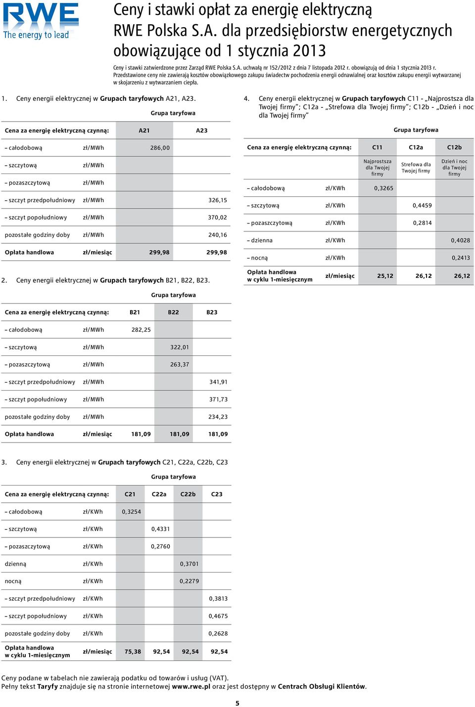 Przedstawione ceny nie zawierają kosztów obowiązkowego zakupu świadectw pochodzenia energii odnawialnej oraz kosztów zakupu energii wytwarzanej w skojarzeniu z wytwarzaniem ciepła. 1.