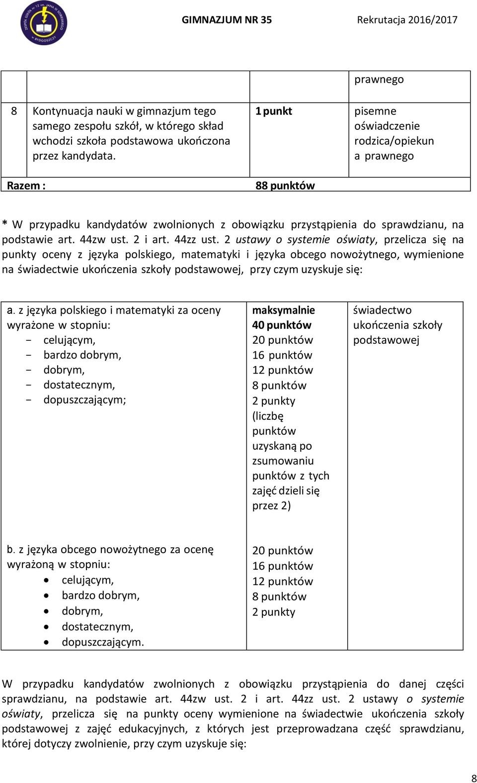 2 ustawy o systemie oświaty, przelicza się na punkty oceny z języka polskiego, matematyki i języka obcego nowożytnego, wymienione na świadectwie, przy czym uzyskuje się: a.