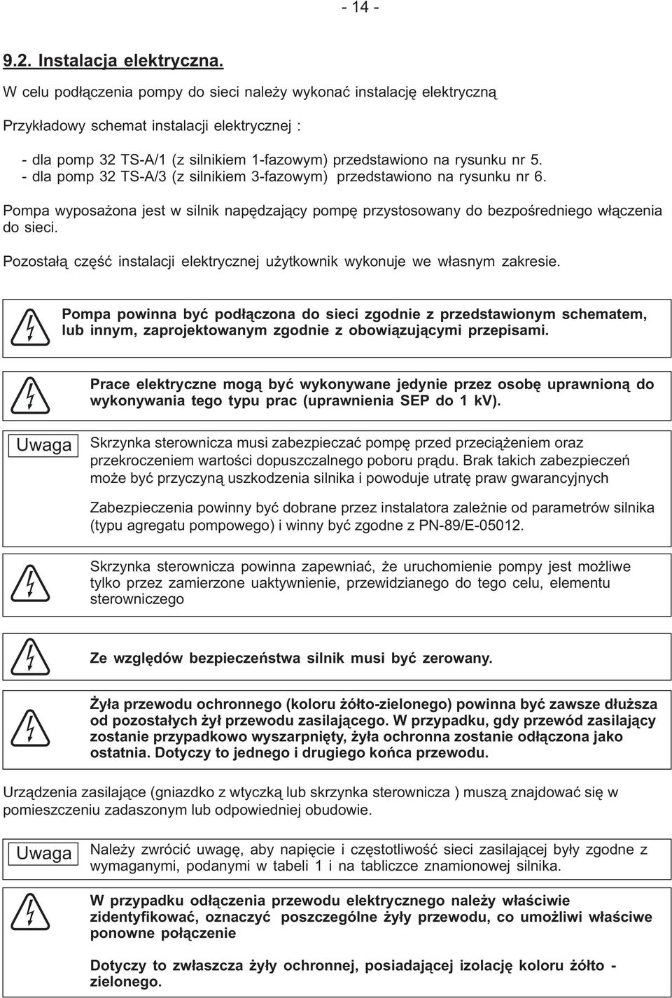 - dla pomp 32 TS-A/3 (z silnikiem 3-fazowym) przedstawiono na rysunku nr 6. Pompa wyposażona jest w silnik napędzający pompę przystosowany do bezpośredniego włączenia do sieci.