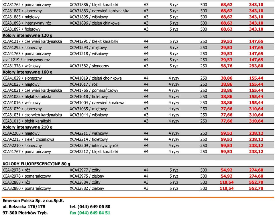 kardynalska XCA41291 / błękit karaibski A4 5 ryz 250 29,53 147,65 XCA41292 / słoneczny XCA41293 / miętowy A4 5 ryz 250 29,53 147,65 XCA41763 / pomarańczowy XCA41218 / wiśniowy A4 5 ryz 250 29,53
