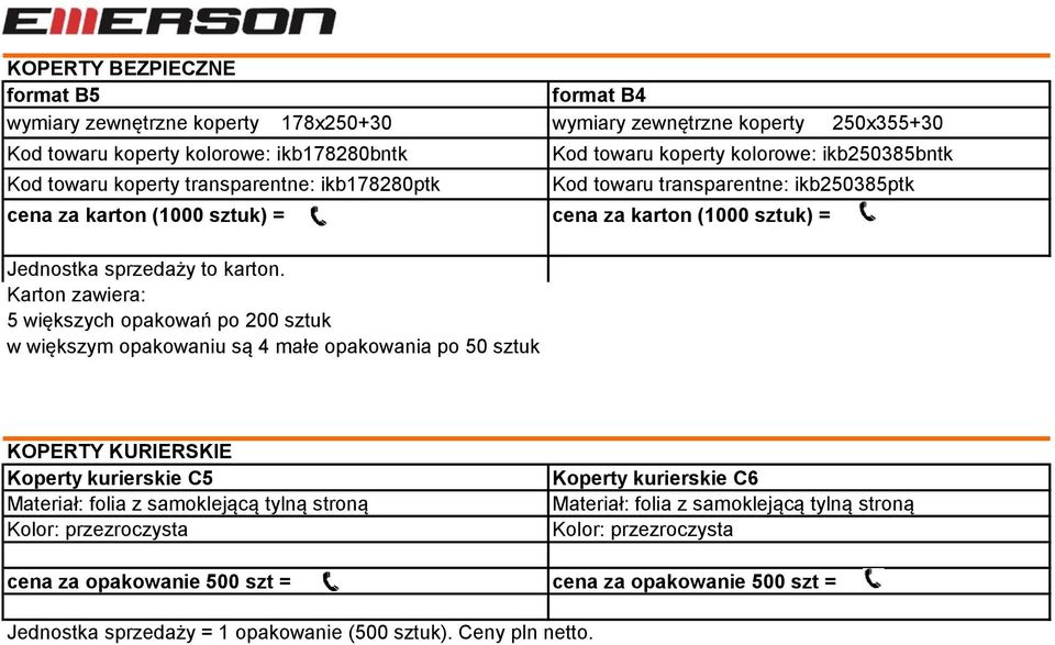 Karton zawiera: 5 większych opakowań po 200 sztuk w większym opakowaniu są 4 małe opakowania po 50 sztuk KOPERTY KURIERSKIE Koperty kurierskie C5 Materiał: folia z samoklejącą tylną stroną Kolor: