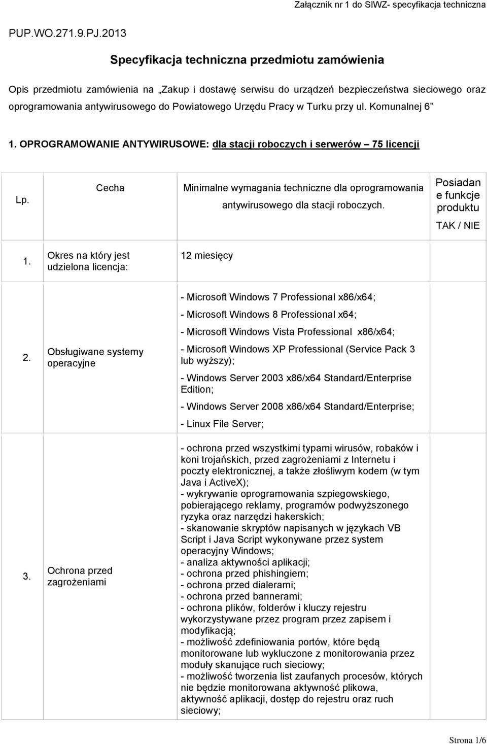 Pracy w Turku przy ul. Komunalnej 6 1. OPROGRAMOWANIE ANTYWIRUSOWE: dla stacji roboczych i serwerów 75 licencji Lp.