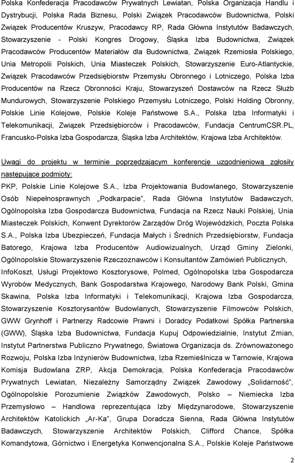 Polskiego, Unia Metropolii Polskich, Unia Miasteczek Polskich, Stowarzyszenie Euro-Atlantyckie, Związek Pracodawców Przedsiębiorstw Przemysłu Obronnego i Lotniczego, Polska Izba Producentów na Rzecz