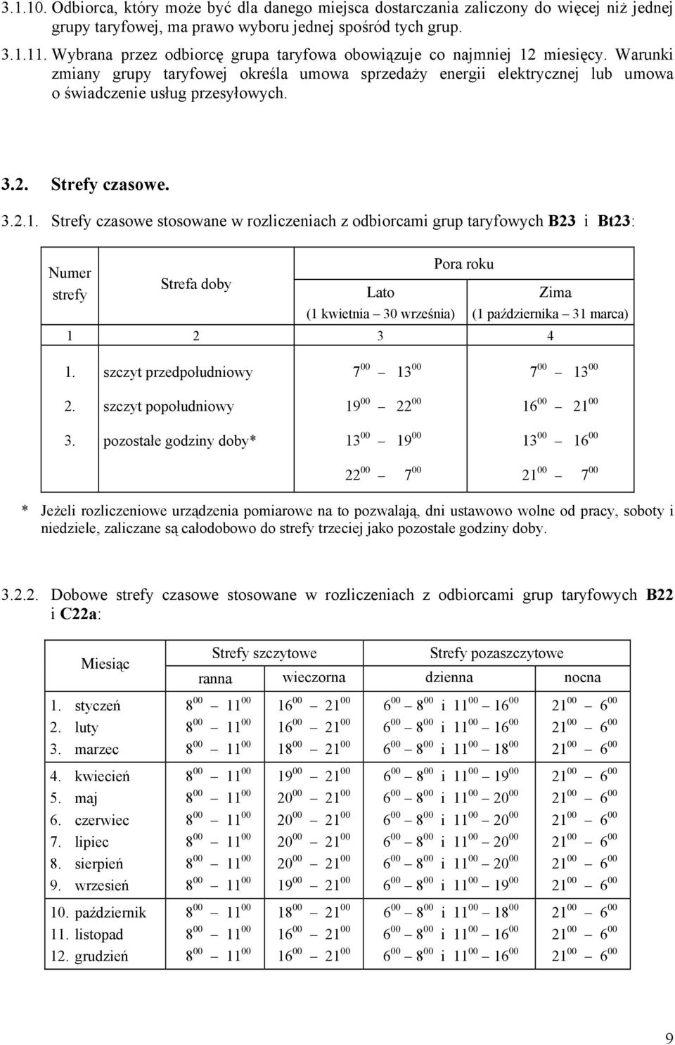 3.2.1. Strefy czasowe stosowane w rozliczeniach z odbiorcami grup taryfowych B23 i Bt23: Numer strefy Strefa doby Lato (1 kwietnia 30 września) Pora roku Zima (1 października 31 marca) 1 2 3 4 1.