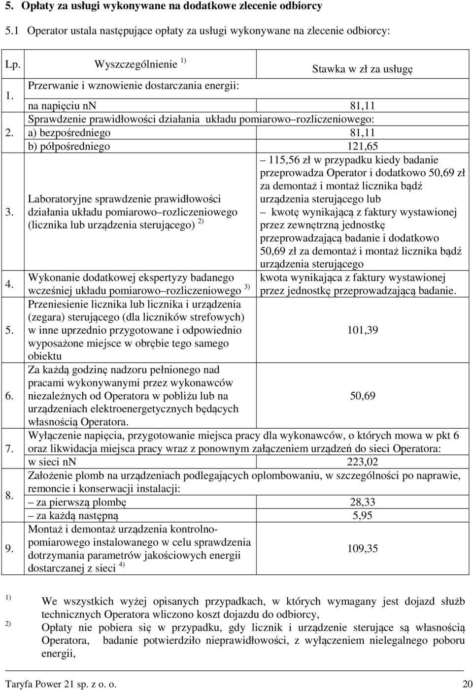 Przerwanie i wznowienie dostarczania energii: na napięciu nn 81,11 Sprawdzenie prawidłowości działania układu pomiarowo rozliczeniowego: a) bezpośredniego 81,11 b) półpośredniego 121,65 Laboratoryjne