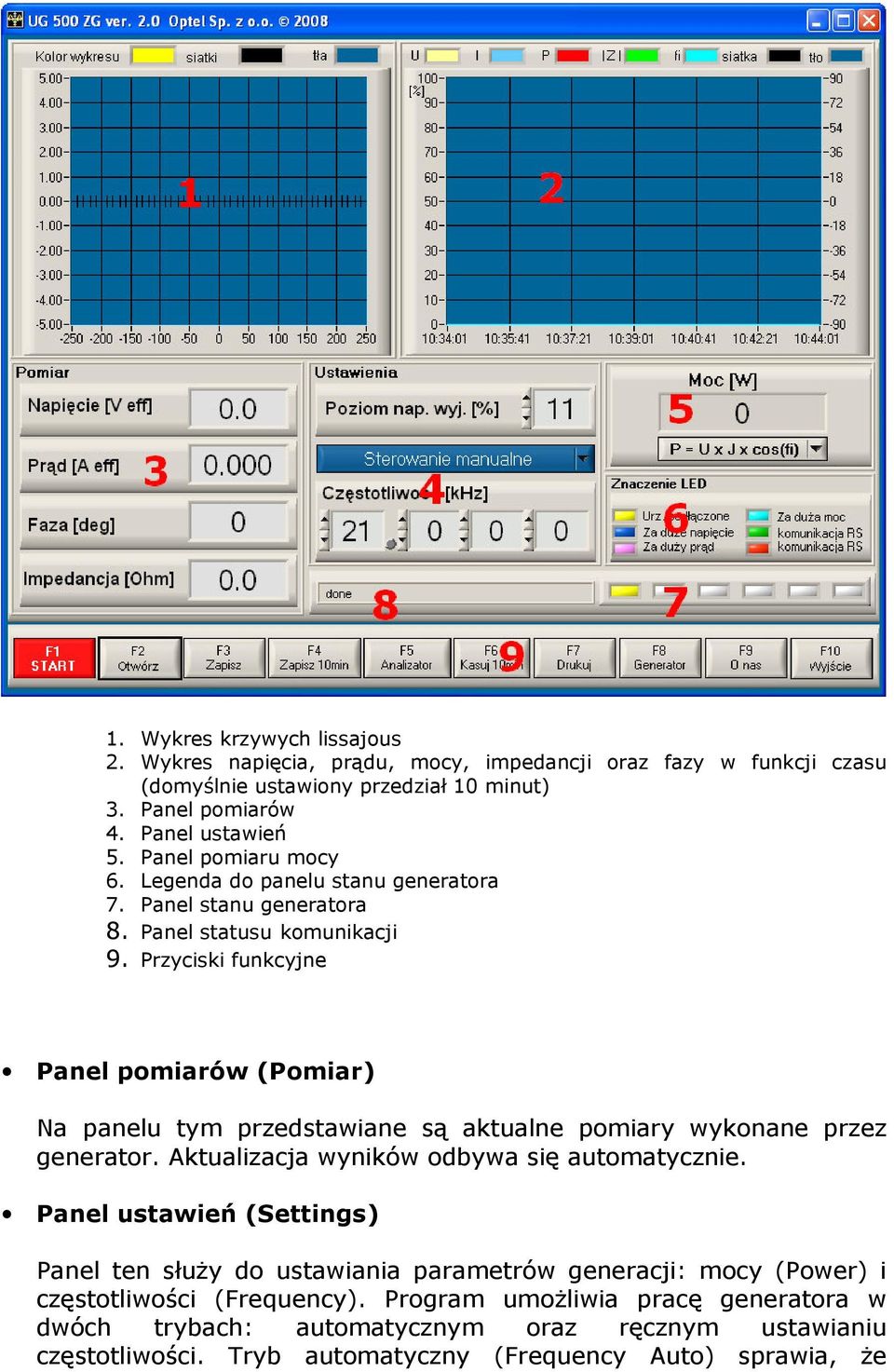 Przyciski funkcyjne Panel pomiarów (Pomiar) Na panelu tym przedstawiane są aktualne pomiary wykonane przez generator. Aktualizacja wyników odbywa się automatycznie.