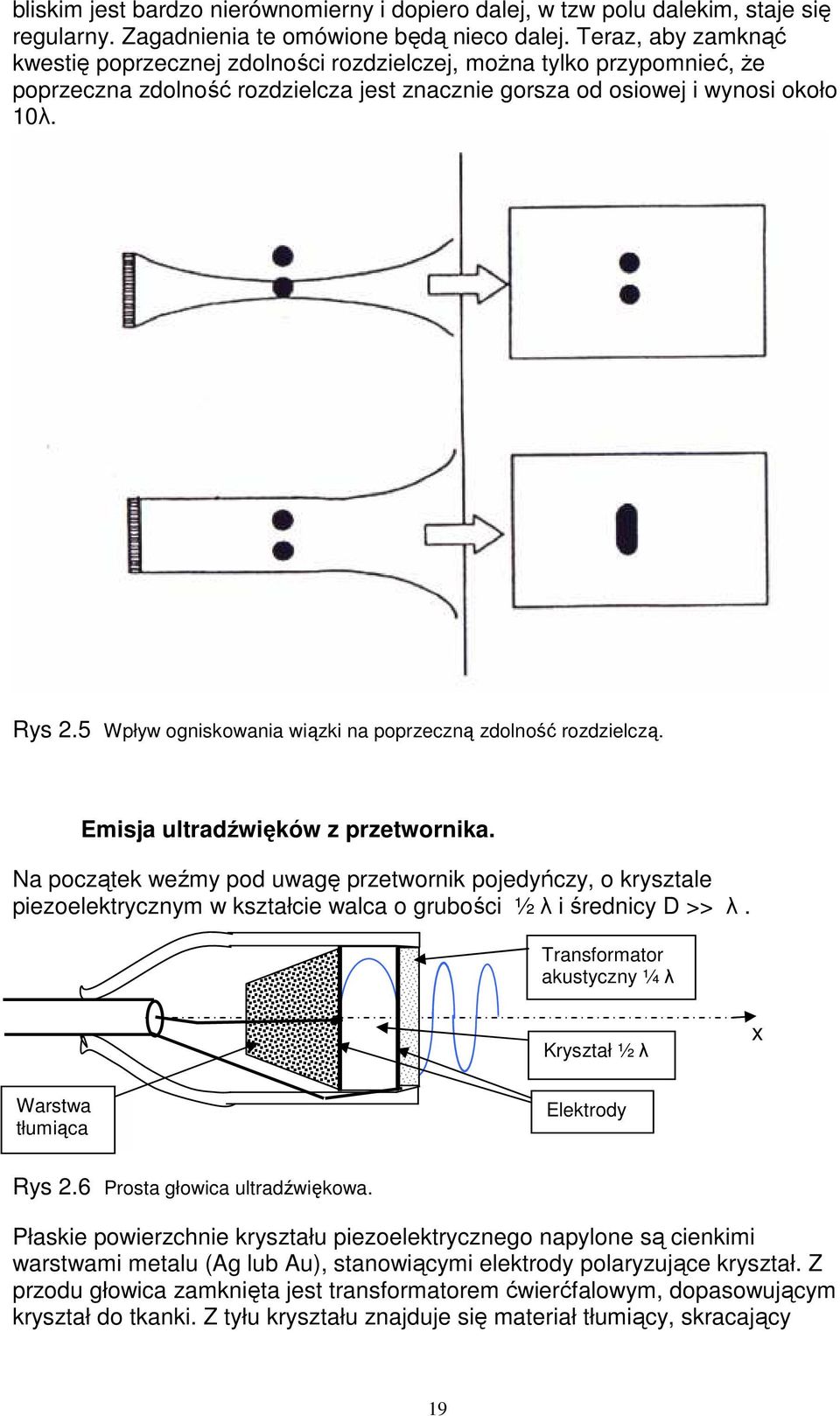 5 Wpływ ogniskowania wiązki na poprzeczną zdolność rozdzielczą. Emisja ultradźwięków z przetwornika.