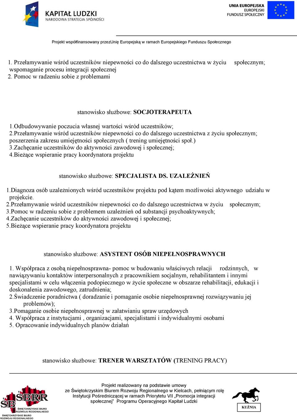 Przełamywanie wśród uczestników niepewności co do dalszego uczestnictwa z życiu społecznym; poszerzenia zakresu umiejętności społecznych ( trening umiejętności społ.) 3.