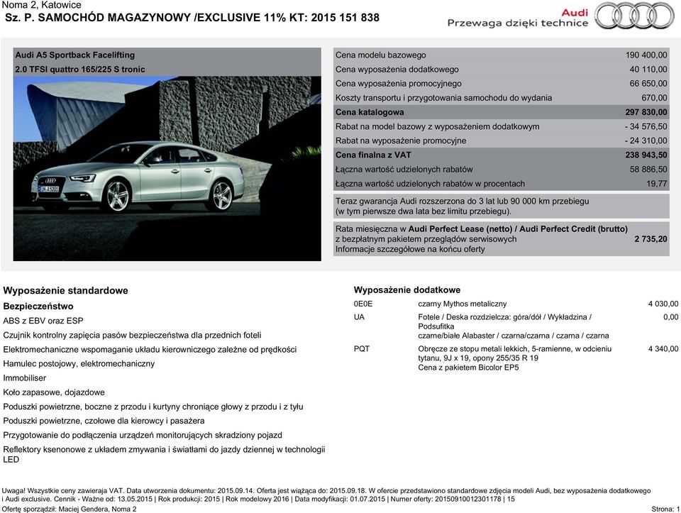 670,00 Cena katalogowa 297 830,00 Rabat na model bazowy z wyposażeniem dodatkowym - 34 576,50 Rabat na wyposażenie promocyjne - 24 310,00 Cena finalna z VAT 238 943,50 Łączna wartość udzielonych