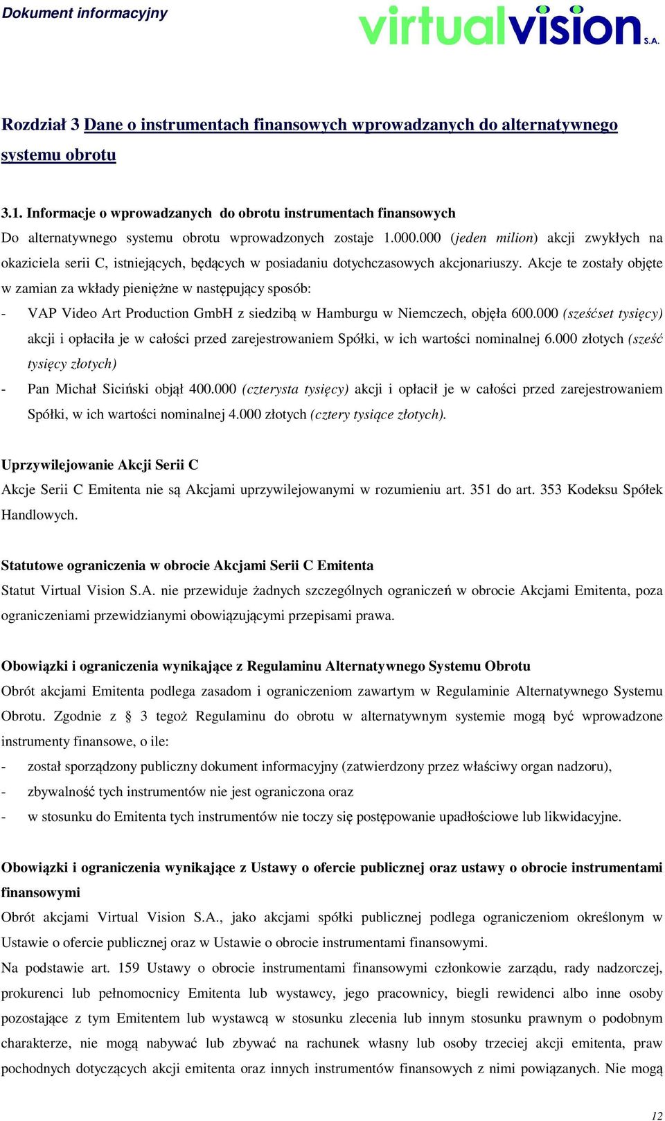 000 (jeden milion) akcji zwykłych na okaziciela serii C, istniejących, będących w posiadaniu dotychczasowych akcjonariuszy.