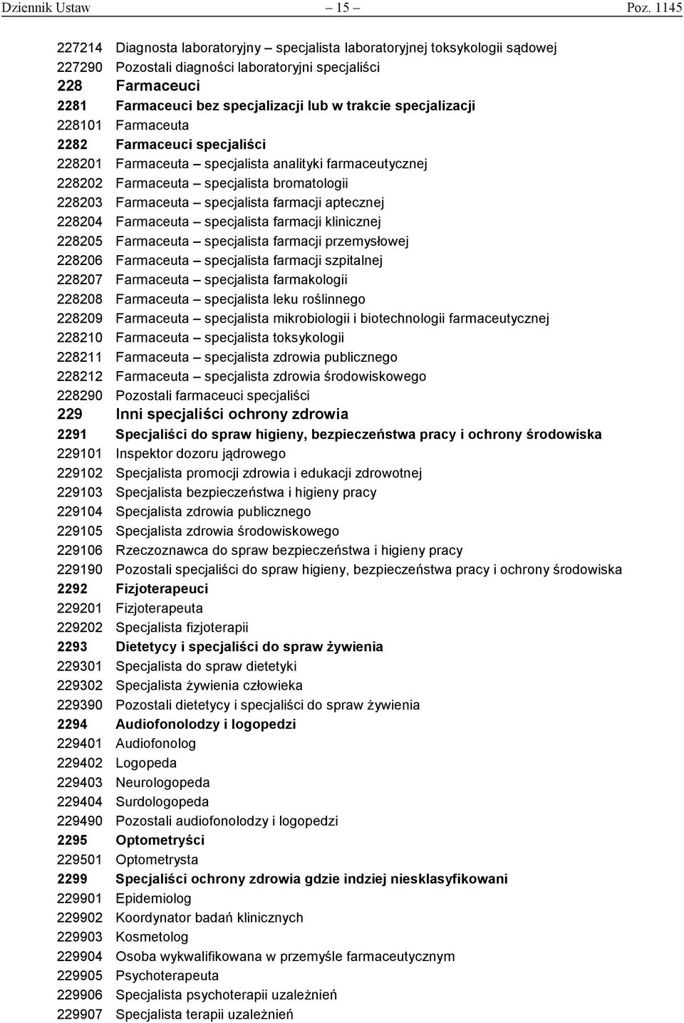 specjalizacji 228101 Farmaceuta 2282 Farmaceuci specjaliści 228201 Farmaceuta specjalista analityki farmaceutycznej 228202 Farmaceuta specjalista bromatologii 228203 Farmaceuta specjalista farmacji