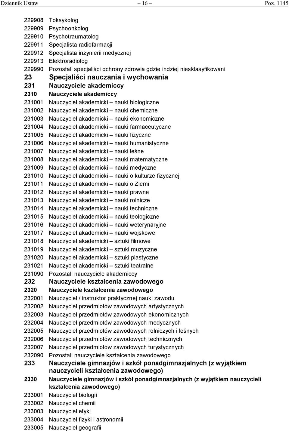 ochrony zdrowia gdzie indziej niesklasyfikowani 23 Specjaliści nauczania i wychowania 231 Nauczyciele akademiccy 2310 Nauczyciele akademiccy 231001 Nauczyciel akademicki nauki biologiczne 231002