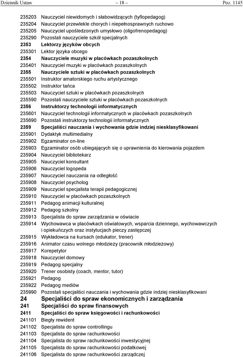 Pozostali nauczyciele szkół specjalnych 2353 Lektorzy języków obcych 235301 Lektor języka obcego 2354 Nauczyciele muzyki w placówkach pozaszkolnych 235401 Nauczyciel muzyki w placówkach pozaszkolnych