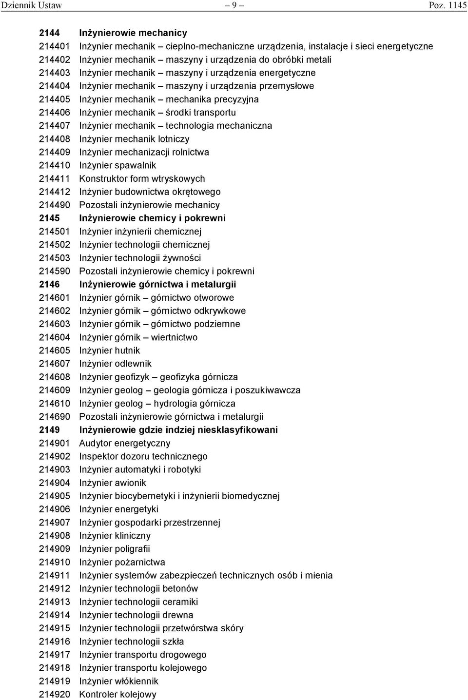 Inżynier mechanik maszyny i urządzenia energetyczne 214404 Inżynier mechanik maszyny i urządzenia przemysłowe 214405 Inżynier mechanik mechanika precyzyjna 214406 Inżynier mechanik środki transportu