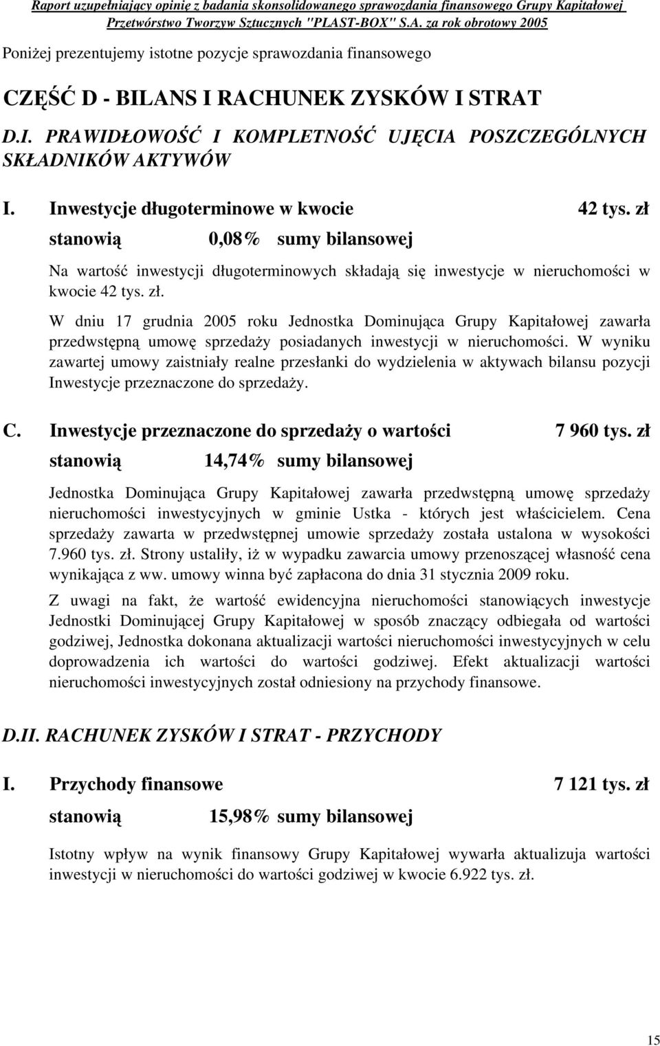 Na warto inwestycji długoterminowych składaj si inwestycje w nieruchomo ci w kwocie 42 tys. zł.