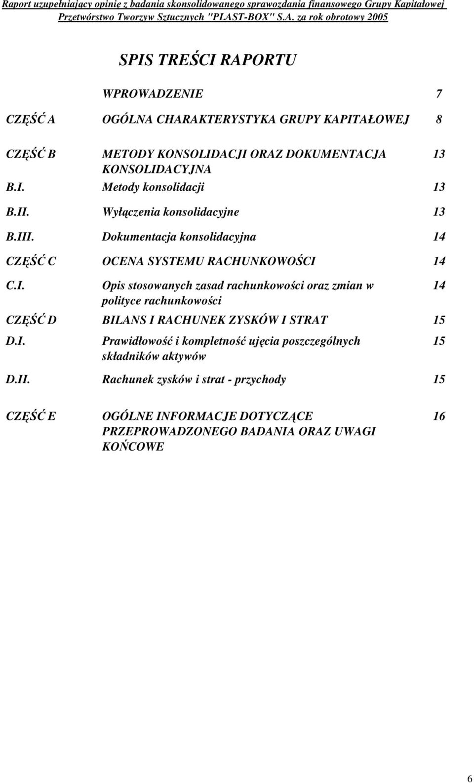 RACHUNKOWO CI 13 13 13 14 14 C.I. Opis stosowanych zasad rachunkowo ci oraz zmian w polityce rachunkowo ci CZ D BILANS I RACHUNEK ZYSKÓW I STRAT 15 14 D.