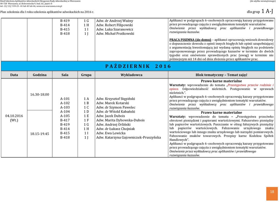 kwestionującą już wydaną opinię biegłych na podstawie zaproponowanego przez prowadzącego kazusów w terminie do dwóch tygodni oraz omówienie sprawdzonych prac (uwag) w terminie nie późniejszym niż 14