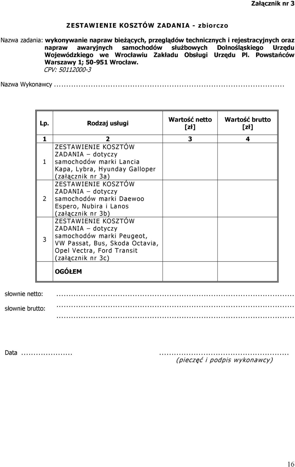 Rodzaj usługi Wartość netto [zł] Wartość brutto [zł] 1 2 3 4 1 ZESTAWIENIE KOSZTÓW ZADANIA dotyczy samochodów marki Lancia Kapa, Lybra, Hyunday Galloper (załącznik nr 3a) 2 ZESTAWIENIE KOSZTÓW