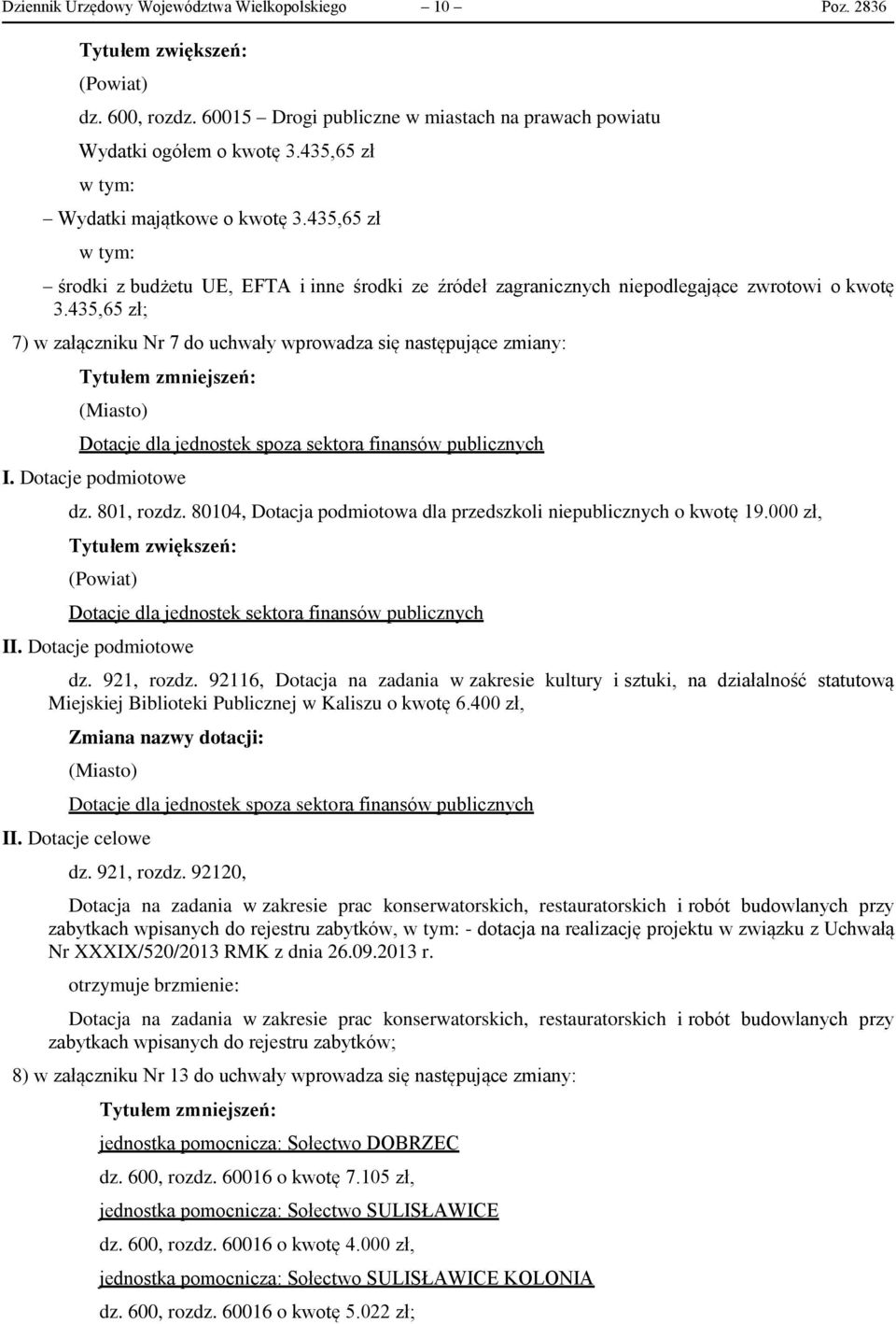 435,65 zł; 7) w załączniku Nr 7 do uchwały wprowadza się następujące zmiany: Tytułem zmniejszeń: (Miasto) Dotacje dla jednostek spoza sektora finansów publicznych I. Dotacje podmiotowe dz. 801, rozdz.