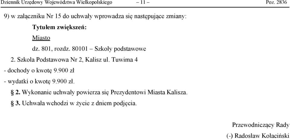 801, rozdz. 80101 Szkoły podstawowe 2. Szkoła Podstawowa Nr 2, Kalisz ul. Tuwima 4 - dochody o kwotę 9.