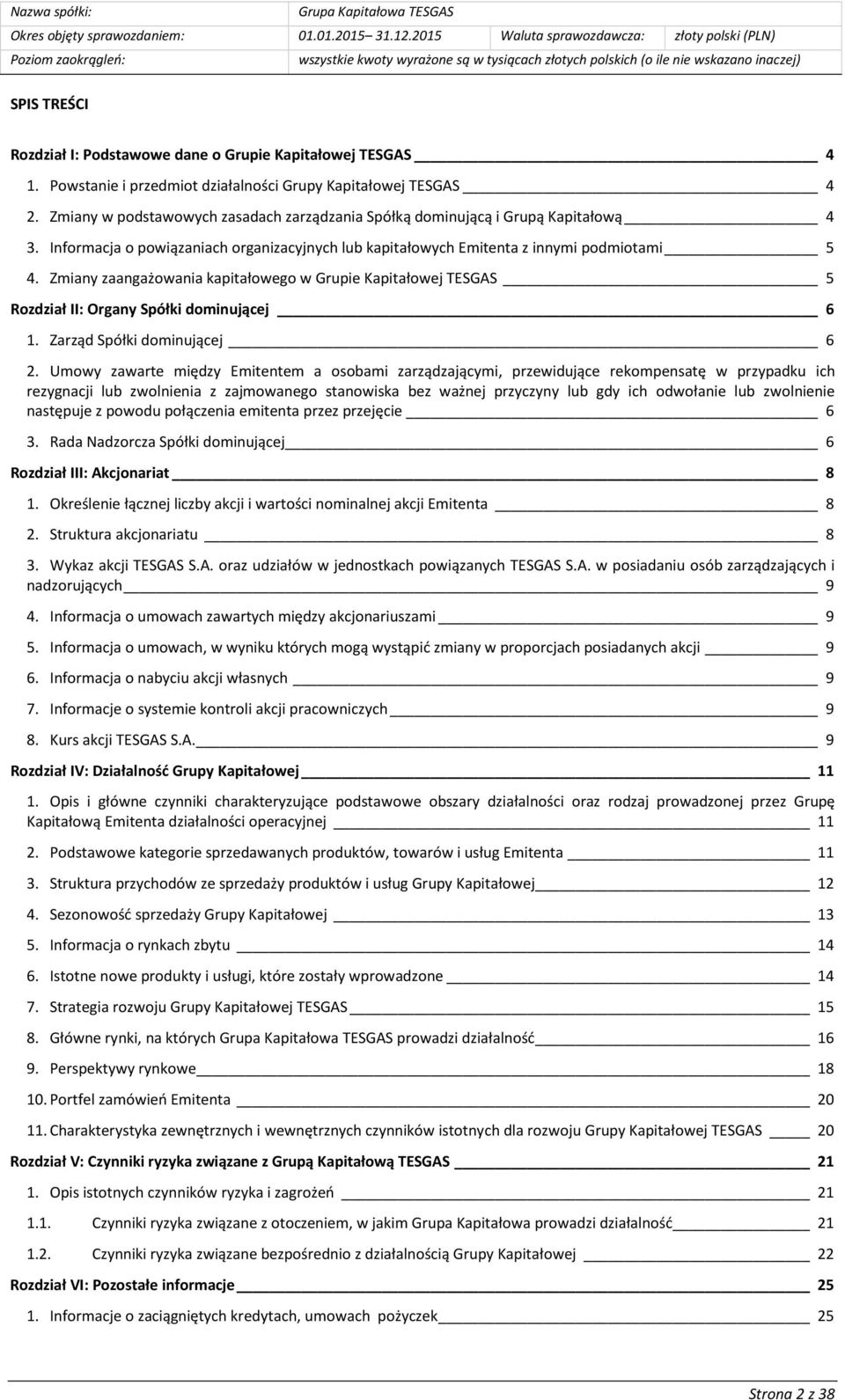 Zmiany zaangażowania kapitałowego w Grupie Kapitałowej TESGAS 5 Rozdział II: Organy Spółki dominującej 6 1. Zarząd Spółki dominującej 6 2.