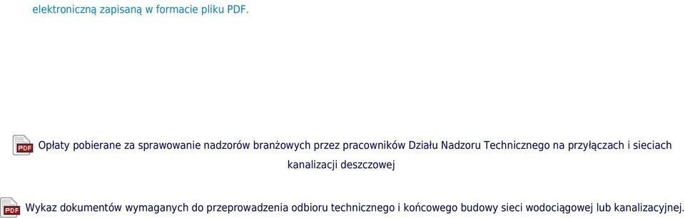 Nadzoru Technicznego na przyłączach i sieciach kanalizacji deszczowej Wykaz