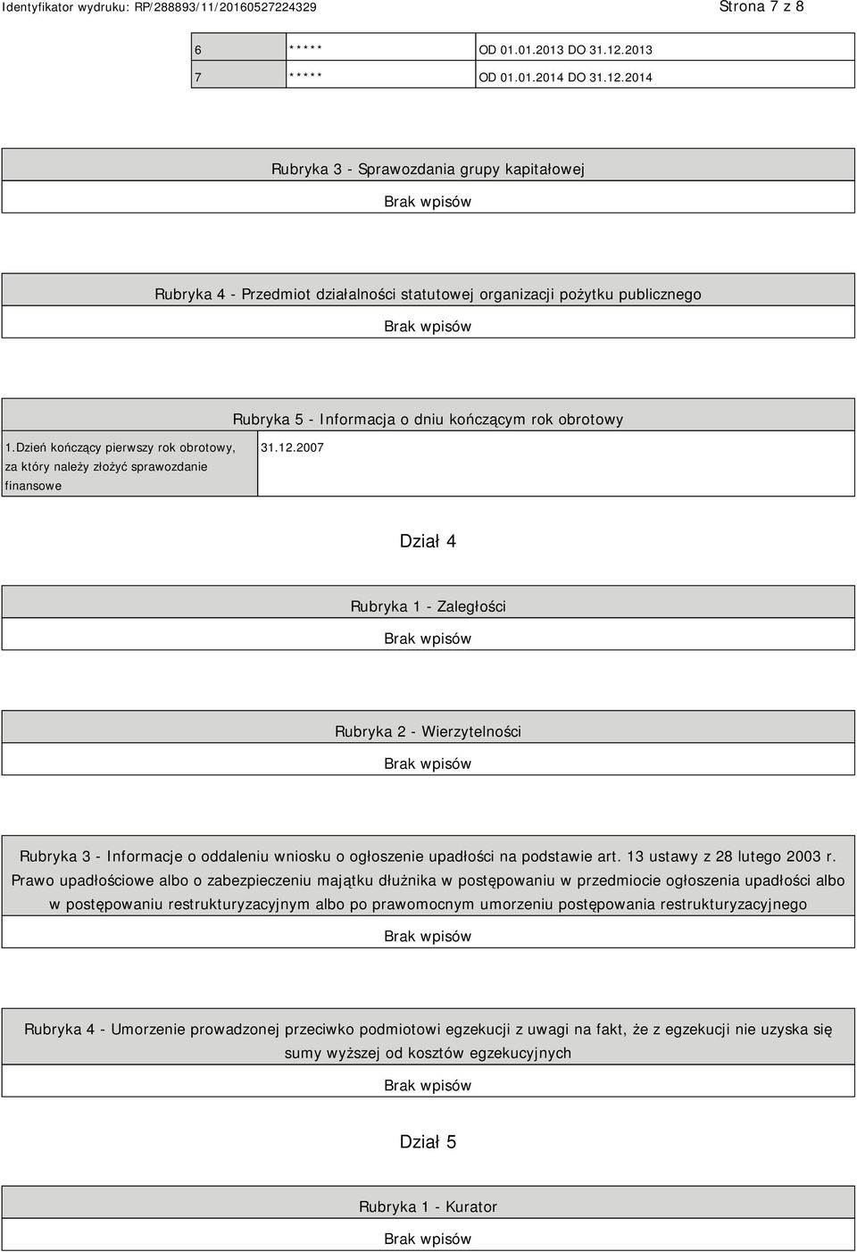 2014 Rubryka 3 - Sprawozdania grupy kapitałowej Rubryka 4 - Przedmiot działalności statutowej organizacji pożytku publicznego Rubryka 5 - Informacja o dniu kończącym rok obrotowy 1.