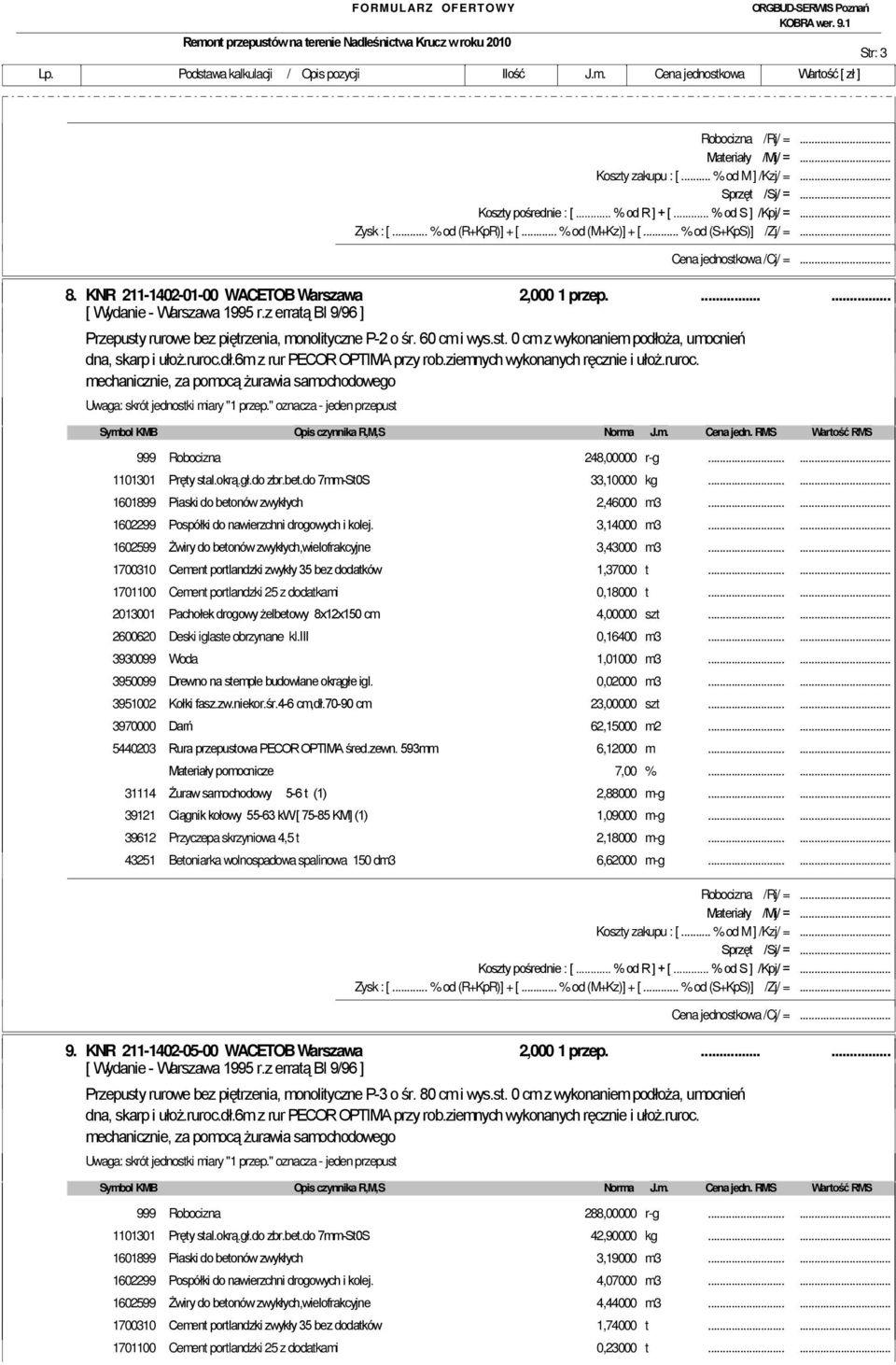 ziemnych wykonanych ręcznie i ułoż.ruroc. mechanicznie, za pomocą żurawia samochodowego 999 Robocizna 248,00000 r-g...... 1101301 Pręty stal.okrą.gł.do zbr.bet.do 7mm-St0S 33,10000 kg.