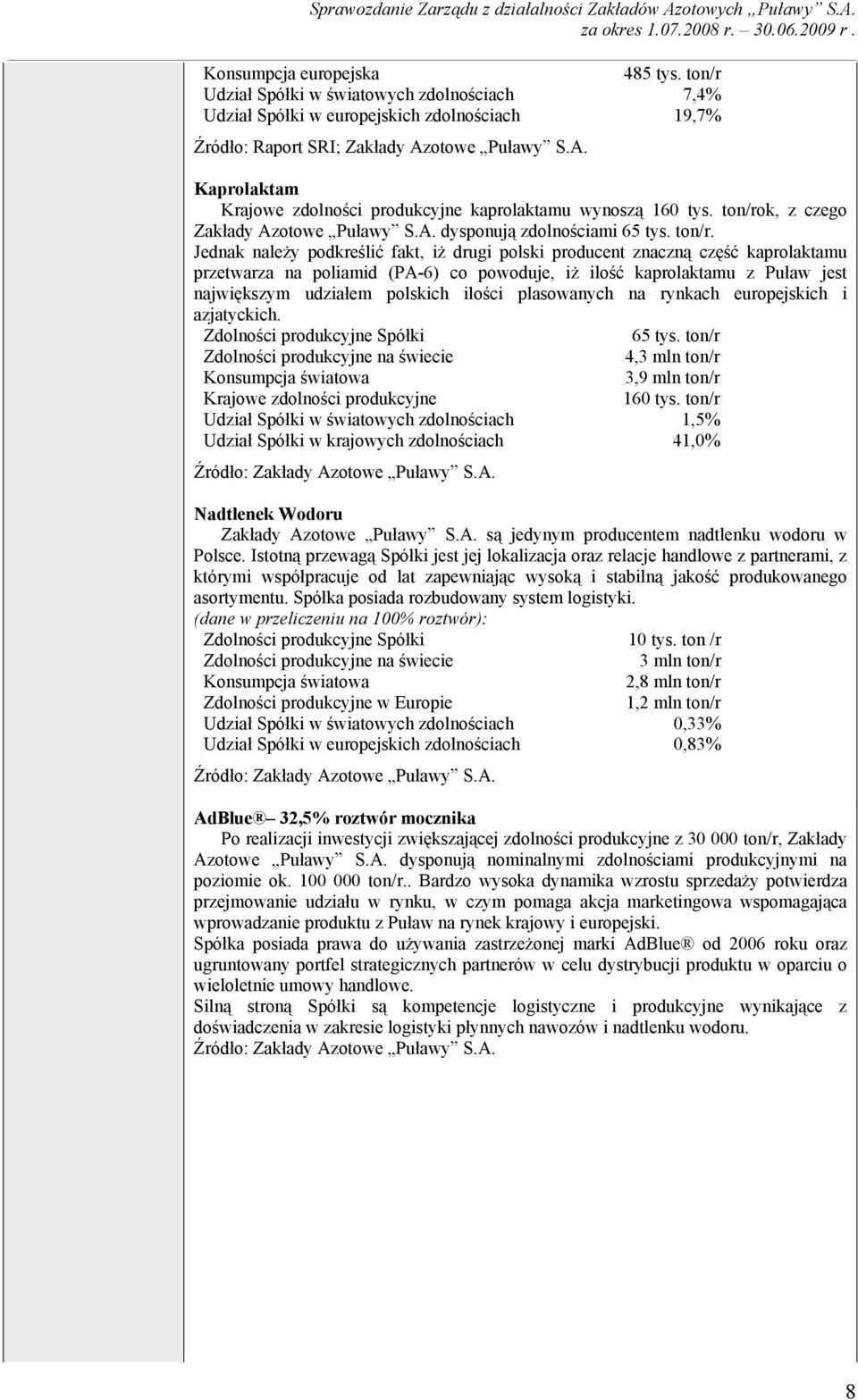 k, z czego Zakłady Azotowe Puławy S.A. dysponują zdolnościami 65 tys. ton/r.