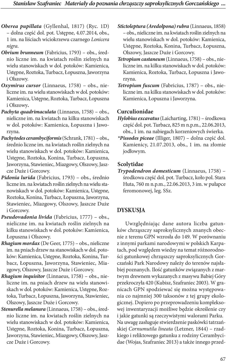 potoków: Kamienica, Ustępne, Roztoka, Turbacz, Łopuszna, Jaworzyna i Olszowy. Oxymirus cursor (Linnaeus, 1758) obs., nieliczne im. na wielu stanowiskach w dol.