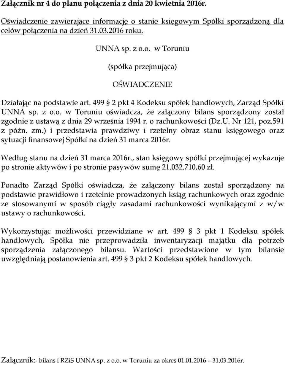 591 z późn. zm.) i przedstawia prawdziwy i rzetelny obraz stanu księgowego oraz sytuacji finansowej Spółki na dzień 31 marca 2016r. Według stanu na dzień 31 marca 2016r.