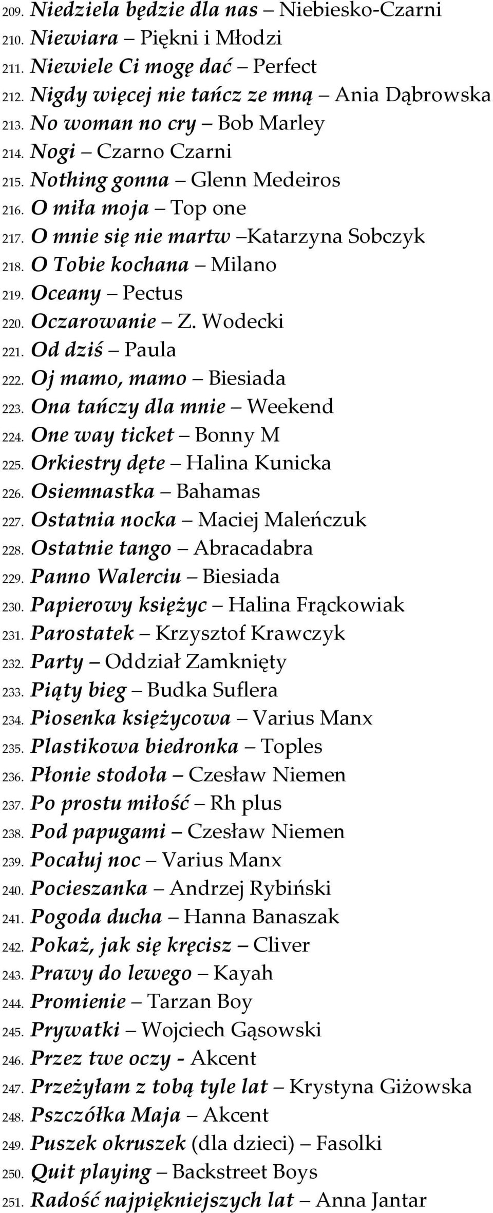 Wodecki 221. Od dziś Paula 222. Oj mamo, mamo Biesiada 223. Ona tańczy dla mnie Weekend 224. One way ticket Bonny M 225. Orkiestry dęte Halina Kunicka 226. Osiemnastka Bahamas 227.