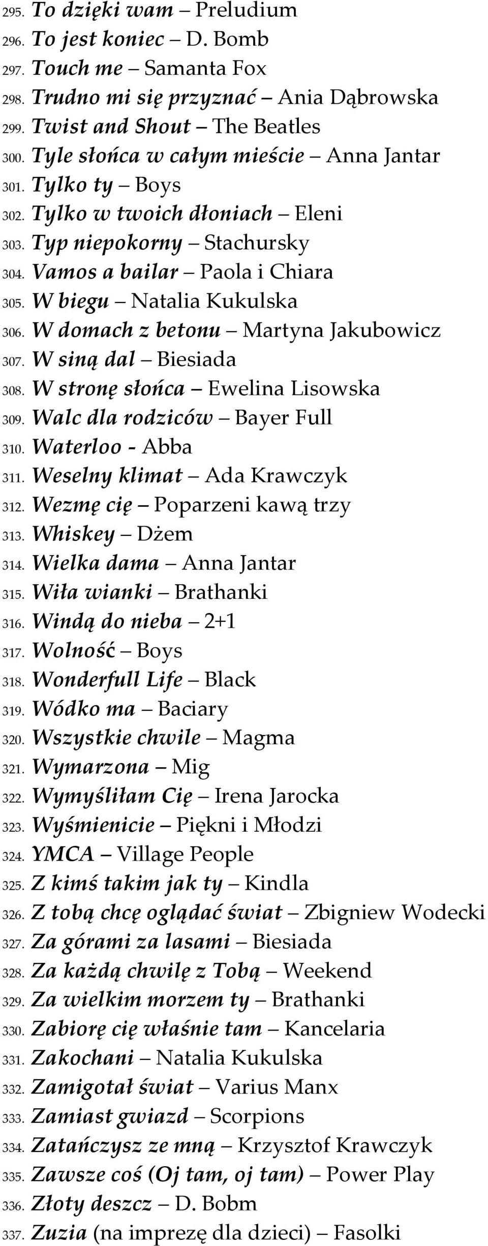 W domach z betonu Martyna Jakubowicz 307. W siną dal Biesiada 308. W stronę słońca Ewelina Lisowska 309. Walc dla rodziców Bayer Full 310. Waterloo - Abba 311. Weselny klimat Ada Krawczyk 312.