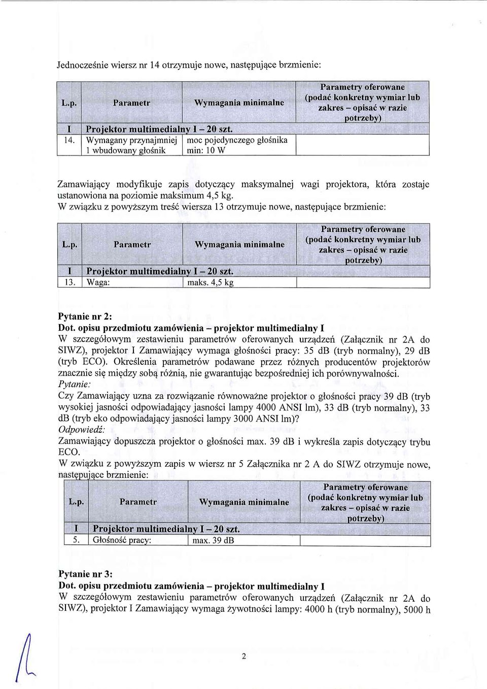 kg. W:zwi4zku zpov'rylszym tresd wiersza 13 olrzymuje nowe, nastgpuj4ce brzmienie: T Proiektor multimedialny I -20 szt. l3 Waga: maks. 4.5 ks Pyl;anie nr 2: Dot.