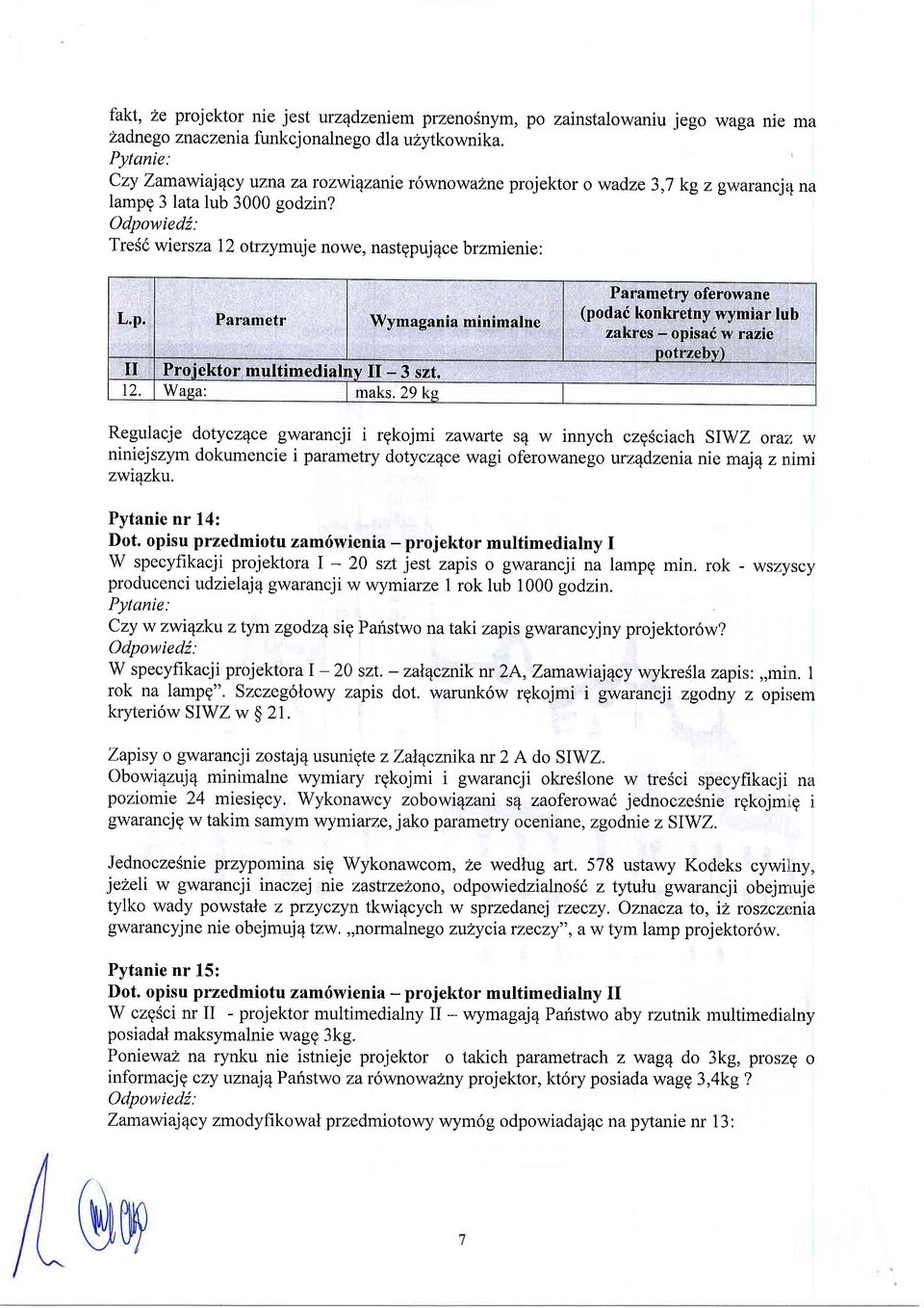 TreSi wiersza 12 otrzymuje nowe, nastgpuj4ce brzmienie: II Projektor multimedialnry II - 3 szt. 12. Waga: maks.