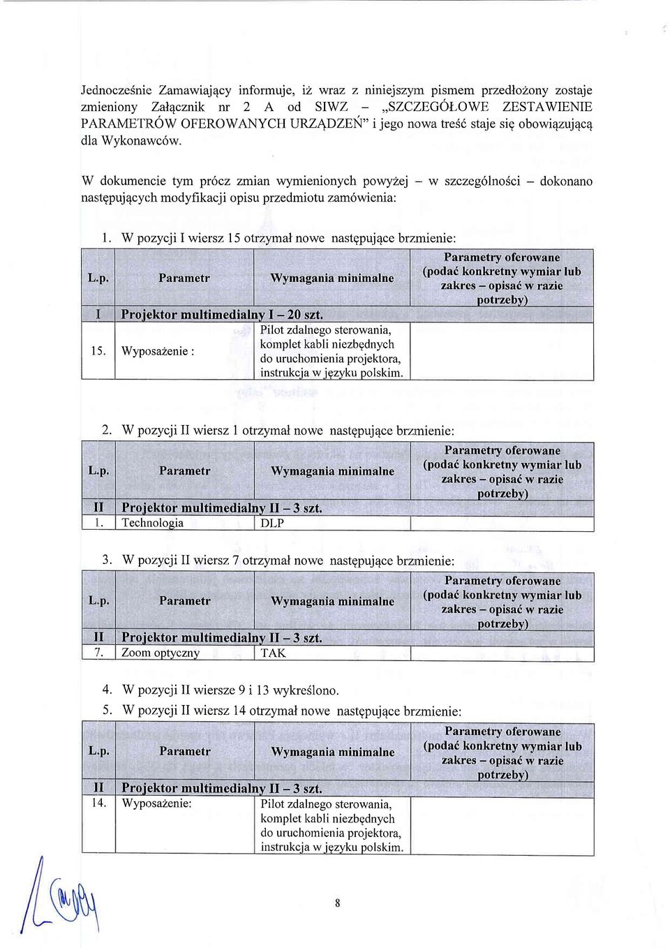 W dokumencie tym pr6cz zmian wymienionych powyzej - w szczeg6lnosci - dokonano nastgpuj 4cych modyfikacj i opi su przedmiotu zamow renia: 1.