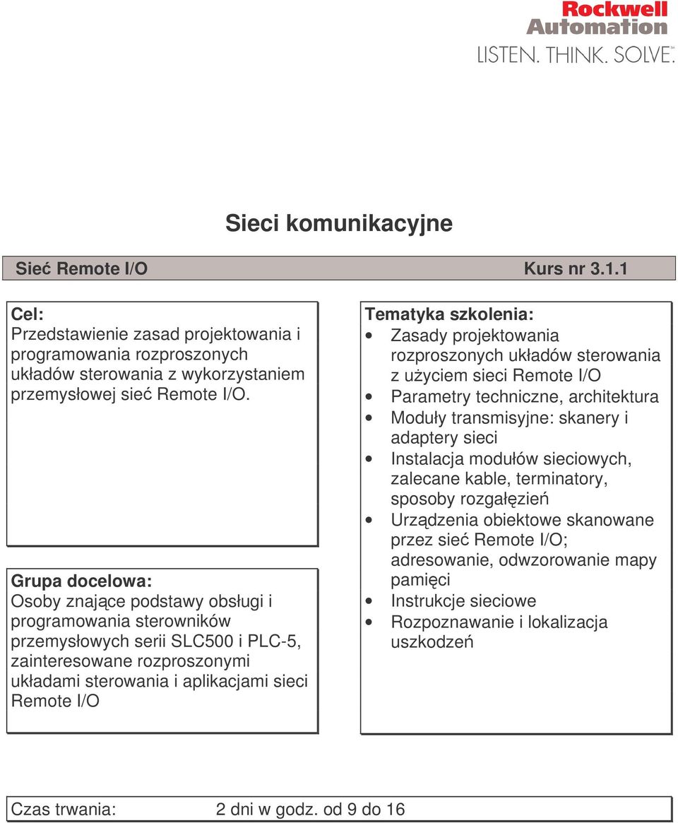 rozproszonych układów sterowania z uyciem sieci Remote I/O Parametry techniczne, architektura Moduły transmisyjne: skanery i adaptery sieci Instalacja modułów sieciowych, zalecane kable,
