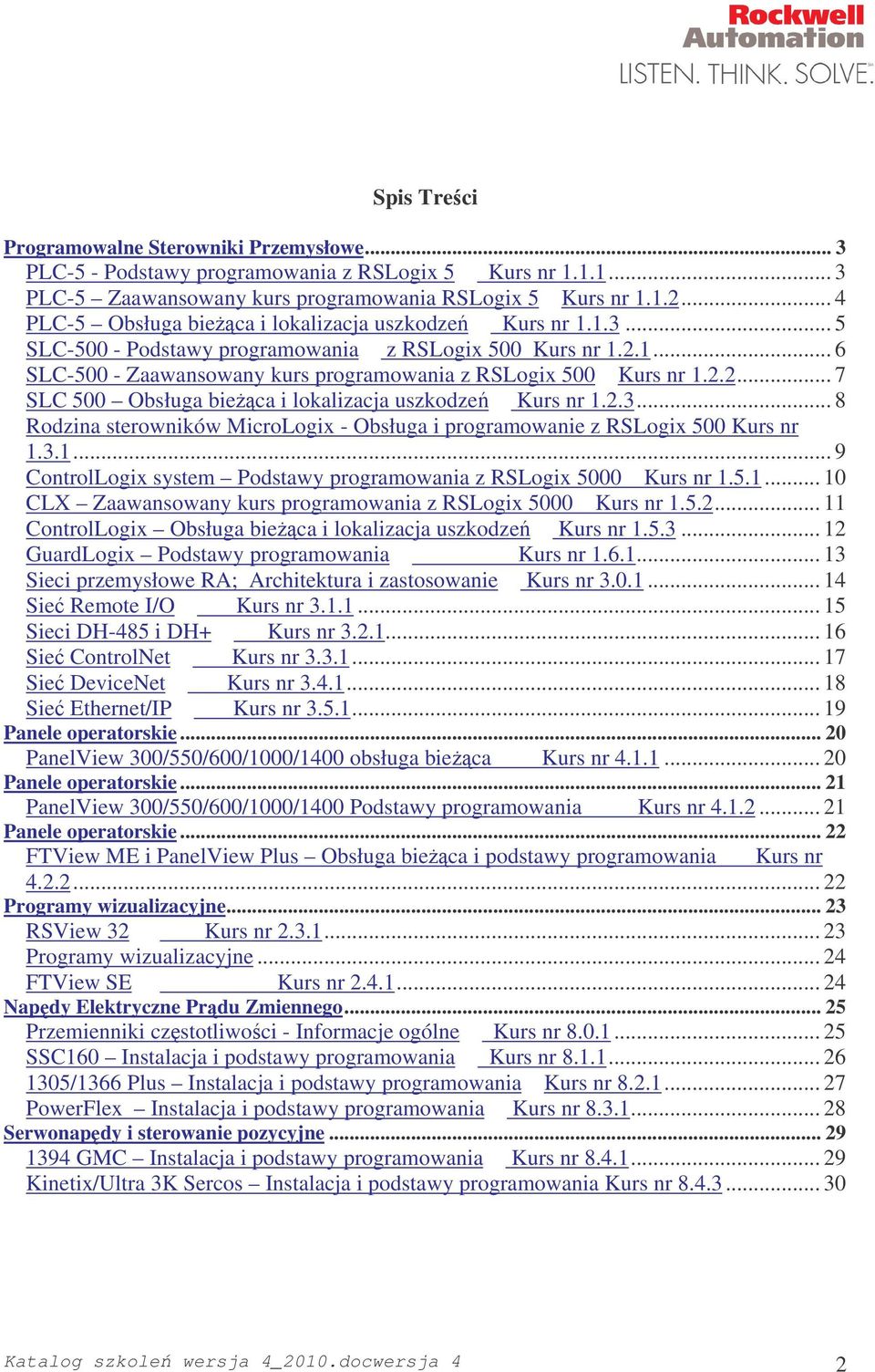 2.2... 7 SLC 500 Obsługa bieca i lokalizacja uszkodze Kurs nr 1.2.3... 8 Rodzina sterowników MicroLogix - Obsługa i programowanie z RSLogix 500 Kurs nr 1.3.1... 9 ControlLogix system Podstawy programowania z RSLogix 5000 Kurs nr 1.
