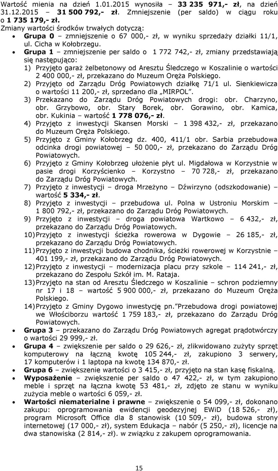 Grupa 1 zmniejszenie per saldo o 1 772 742,- zł, zmiany przedstawiają się następująco: 1) Przyjęto garaż żelbetonowy od Aresztu Śledczego w Koszalinie o wartości 2 400 000,- zł, przekazano do Muzeum