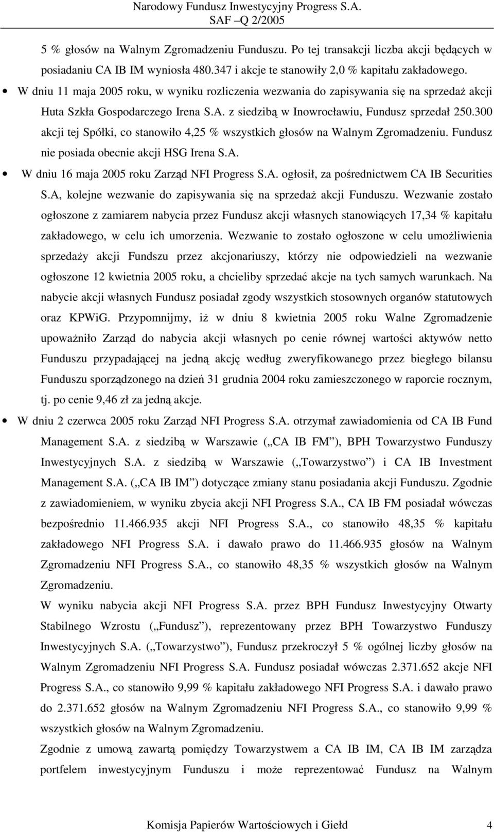 300 akcji tej Spółki, co stanowiło 4,25 % wszystkich głosów na Walnym Zgromadzeniu. Fundusz nie posiada obecnie akcji HSG Irena S.A. W dniu 16 maja 2005 roku Zarząd NFI Progress S.A. ogłosił, za pośrednictwem CA IB Securities S.