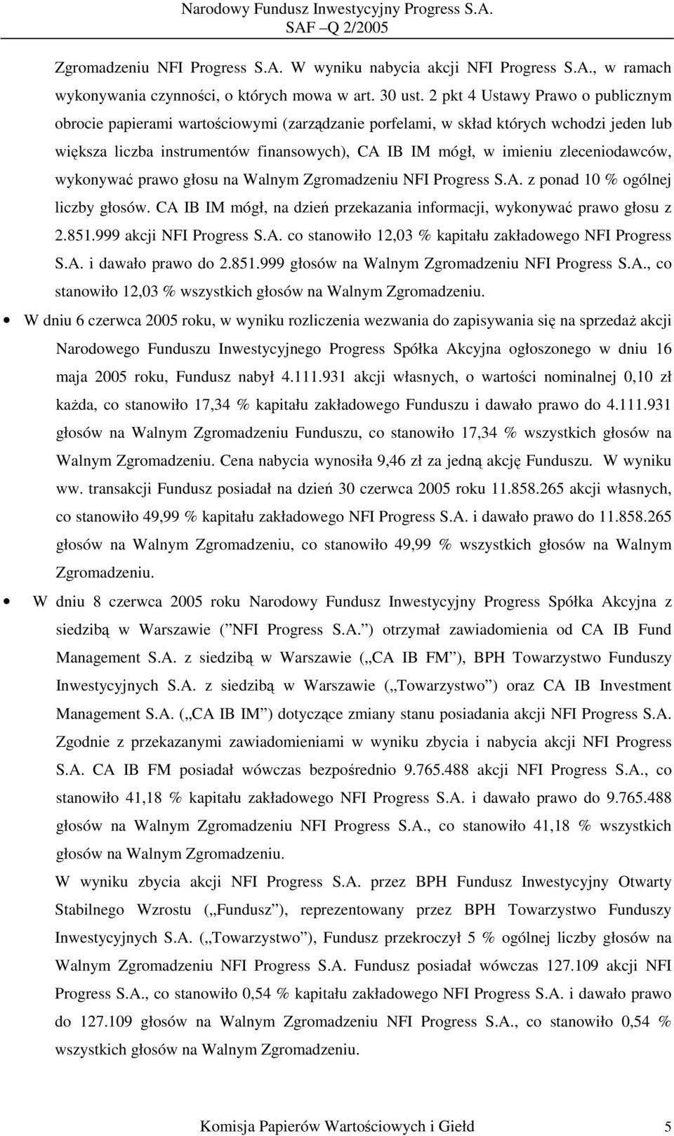 zleceniodawców, wykonywać prawo głosu na Walnym Zgromadzeniu NFI Progress S.A. z ponad 10 % ogólnej liczby głosów. CA IB IM mógł, na dzień przekazania informacji, wykonywać prawo głosu z 2.851.