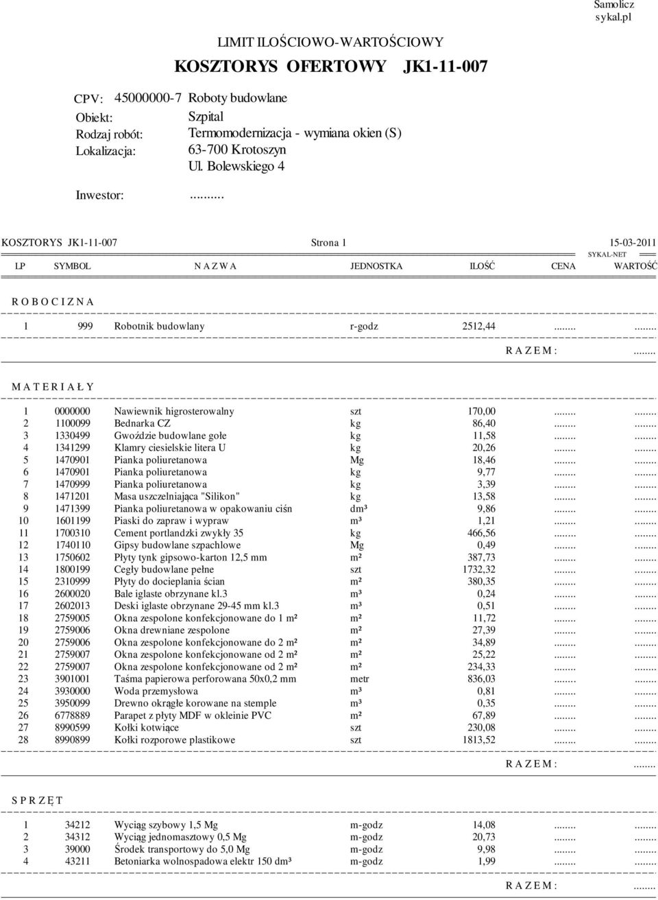 higrosterowalny szt 170,00 2 1100099 Bednarka CZ kg 86,40 3 1330499 Gwoździe budowlane gołe kg 11,58 4 1341299 Klamry ciesielskie litera U kg 20,26 5 1470901 Pianka poliuretanowa Mg 18,46 6 1470901