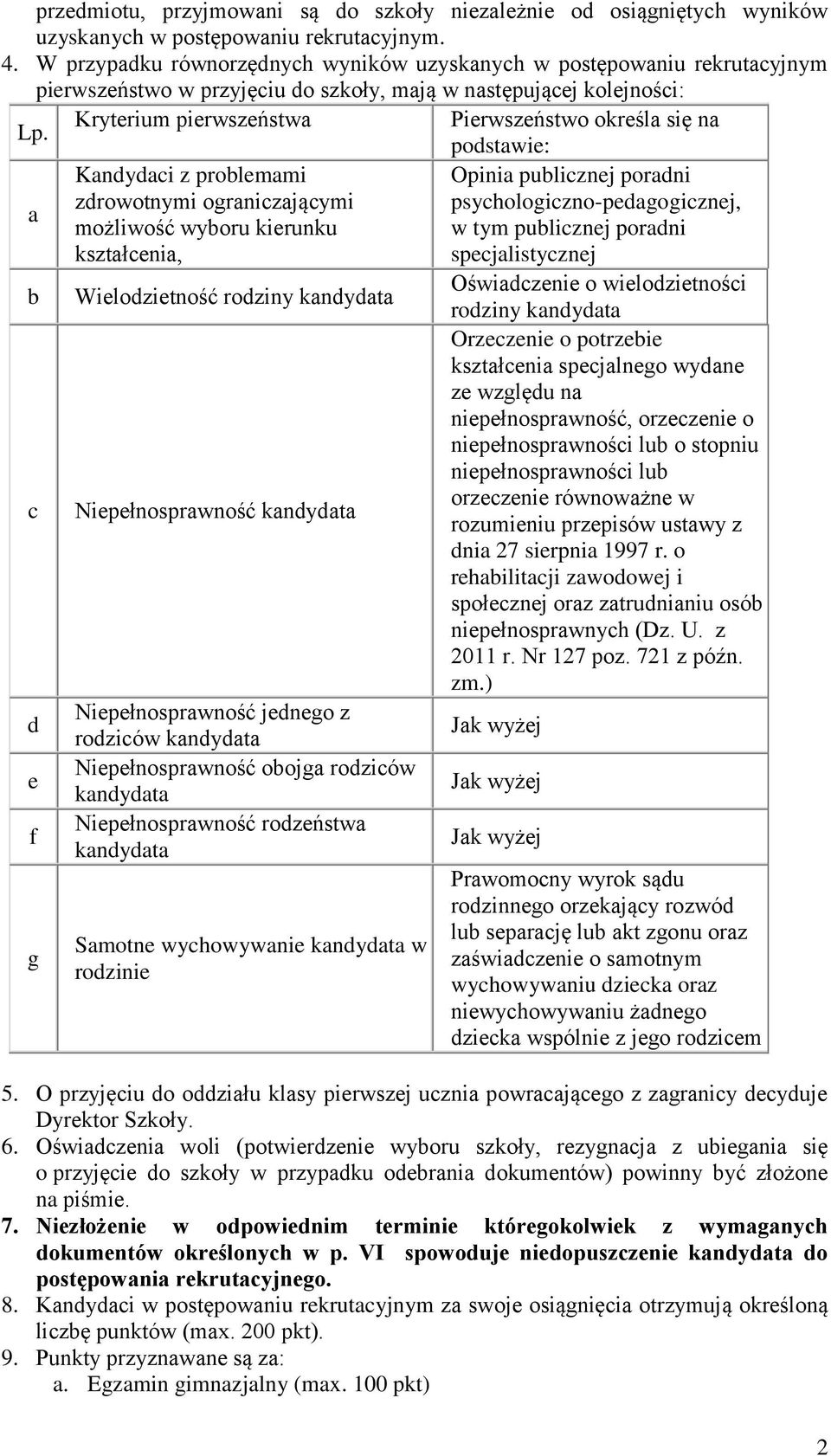 podstawie: a b c d e f g Kandydaci z problemami zdrowotnymi ograniczającymi możliwość wyboru kierunku kształcenia, Wielodzietność rodziny kandydata Niepełnosprawność kandydata Niepełnosprawność