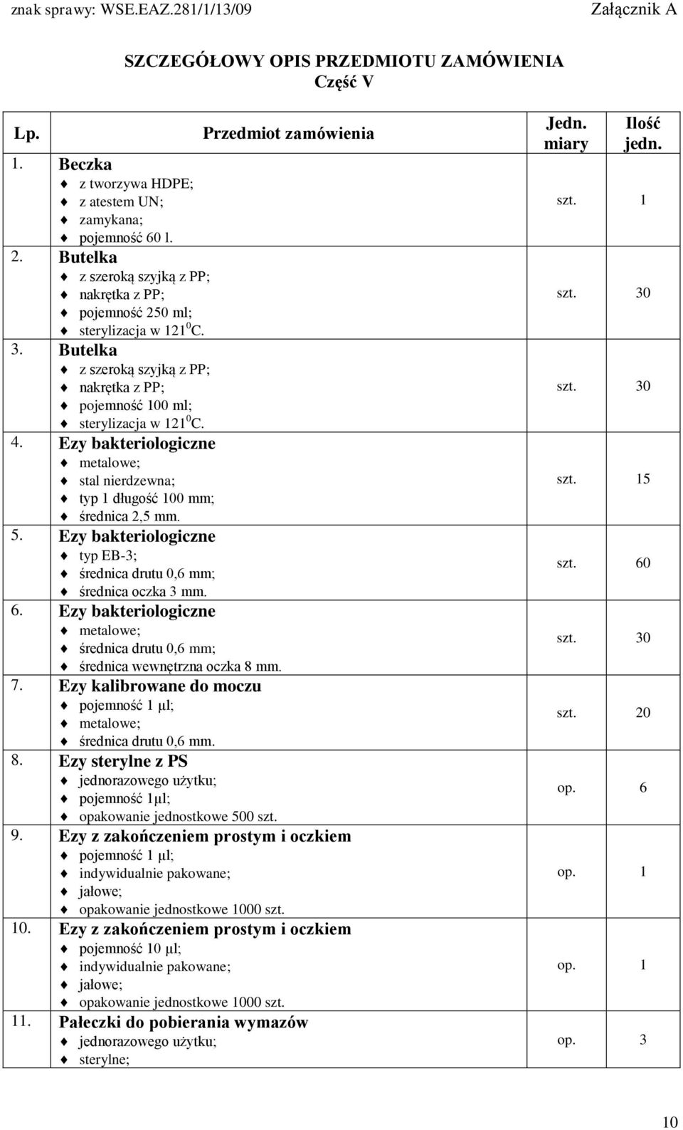 Ezy bakteriologiczne metalowe; stal nierdzewna; typ 1 długość 100 mm; średnica 2,5 mm. 5. Ezy bakteriologiczne typ EB-3; średnica drutu 0,6 mm; średnica oczka 3 mm. 6.