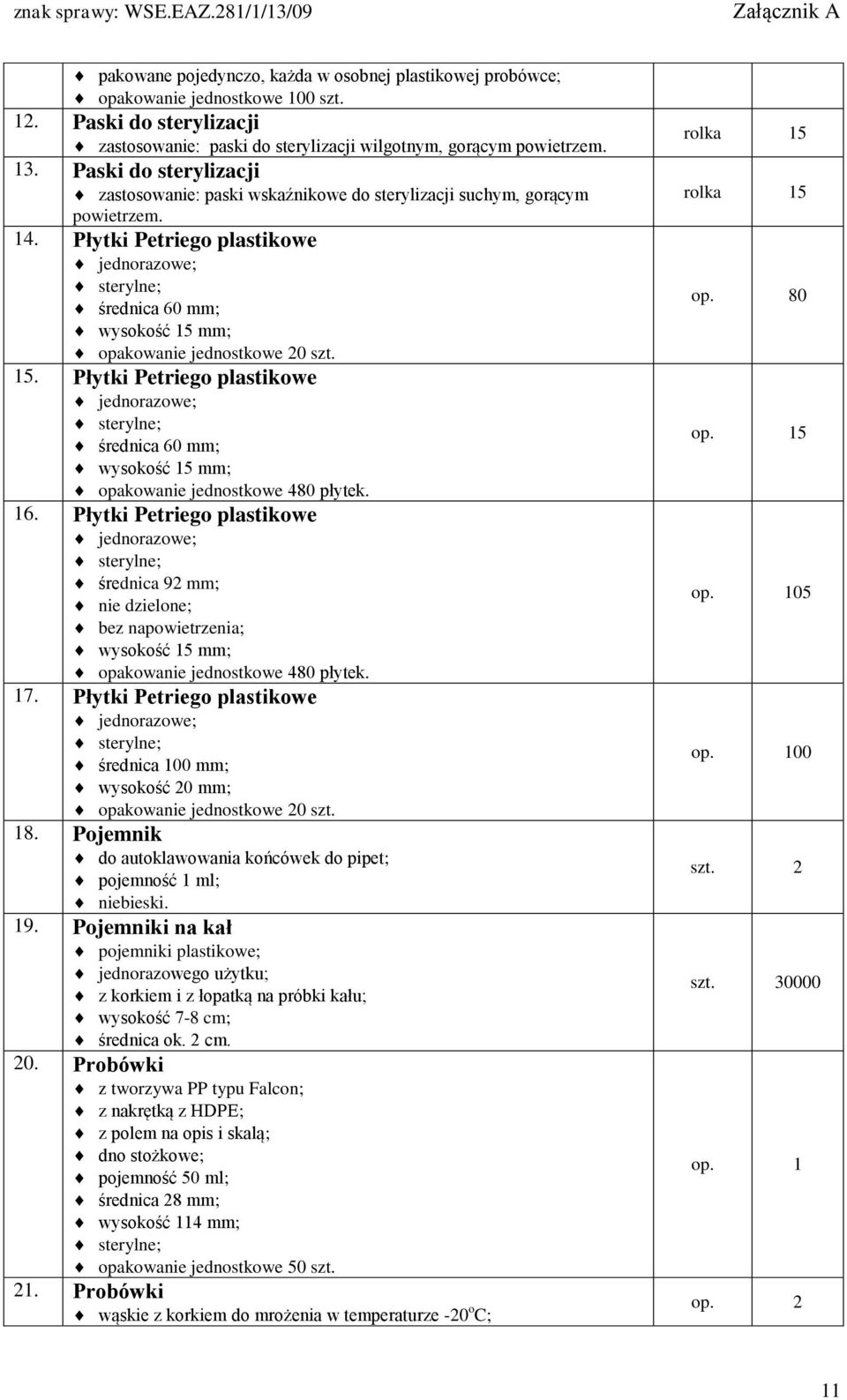 Płytki Petriego plastikowe jednorazowe; sterylne; średnica 60 mm; wysokość 15 mm; opakowanie jednostkowe 20 szt. 15. Płytki Petriego plastikowe jednorazowe; sterylne; średnica 60 mm; wysokość 15 mm; opakowanie jednostkowe 480 płytek.