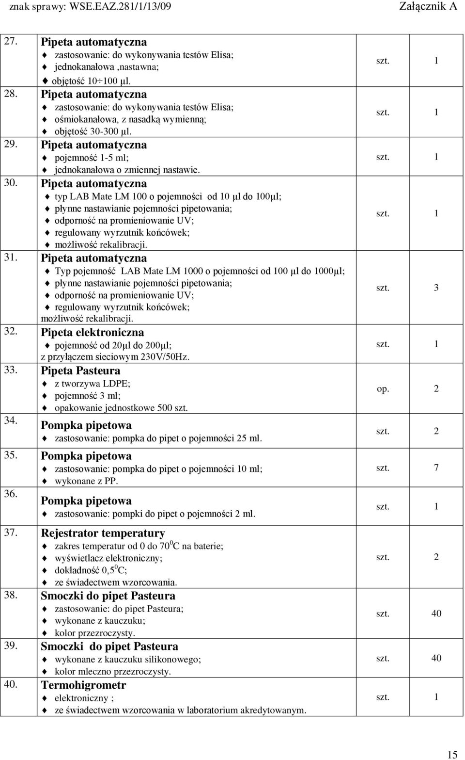 300 µl. 29. Pipeta automatyczna pojemność 1-5 ml; jednokanałowa o zmiennej nastawie. 30.