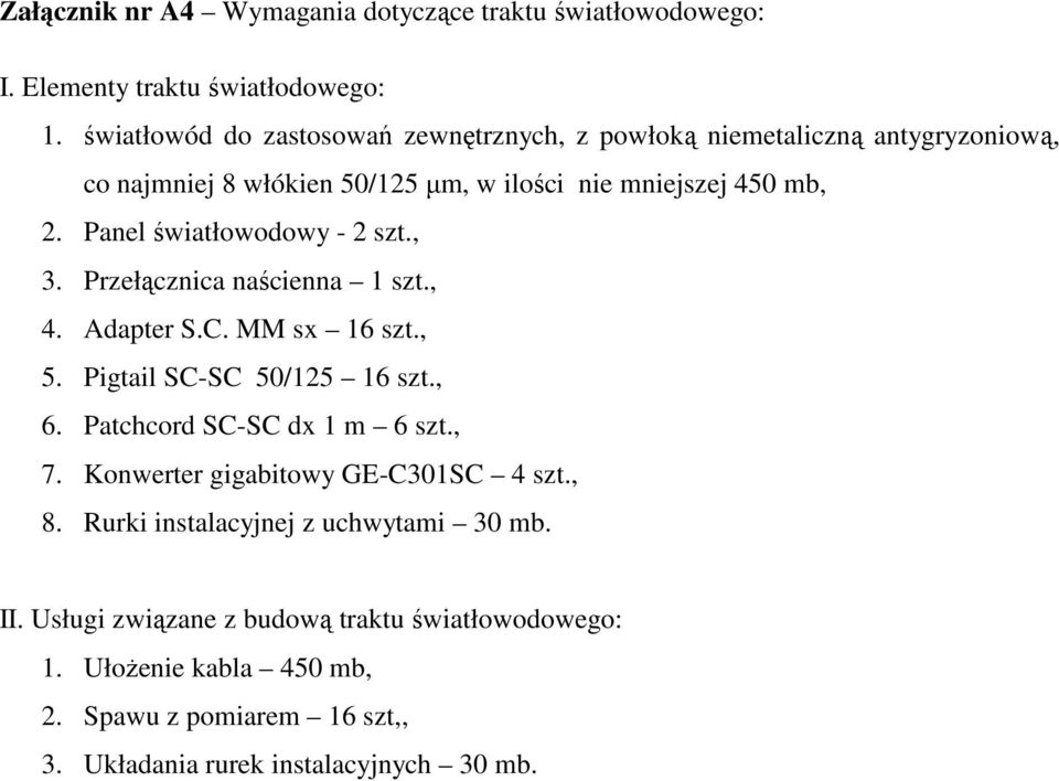 Panel światłowodowy - 2 szt., 3. Przełącznica naścienna 1 szt., 4. Adapter S.C. MM sx 16 szt., 5. Pigtail SC-SC 50/125 16 szt., 6. Patchcord SC-SC dx 1 m 6 szt.