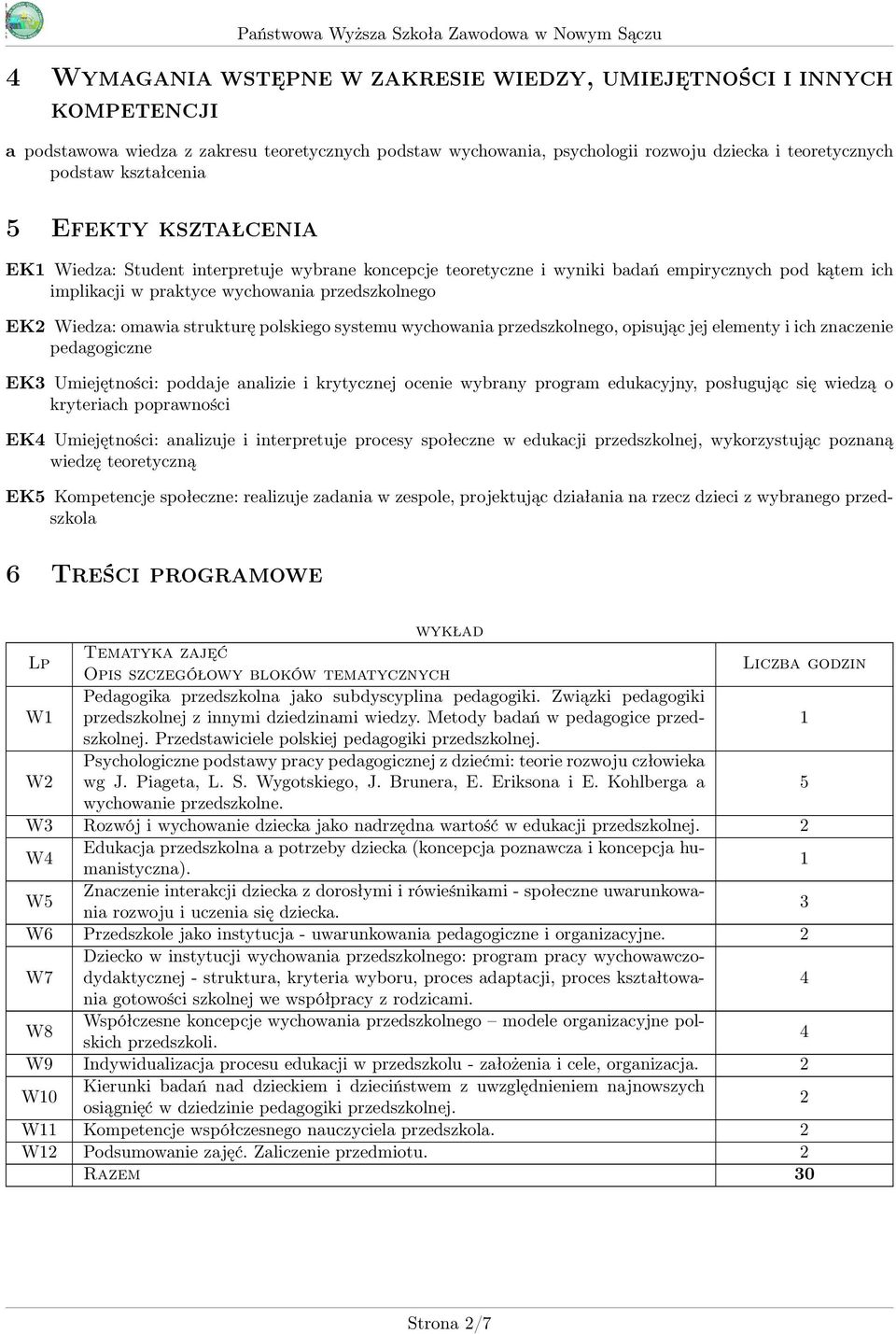 strukturę polskiego systemu wychowania przedszkolnego, opisując jej elementy i ich znaczenie pedagogiczne EK3 Umiejętności: poddaje analizie i krytycznej ocenie wybrany program edukacyjny, posługując